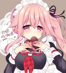 Rule 34 | 1girl, alternate costume, blush, box, breasts, commentary, english commentary, enmaided, gift, hair between eyes, hair flaps, hair ornament, harusame (kancolle), heart, heart-shaped box, highres, holding, holding gift, kantai collection, long sleeves, looking at viewer, maid, maid headdress, medium breasts, neckerchief, pink eyes, pink hair, red neckerchief, ringo sui, side ponytail, sidelocks, solo