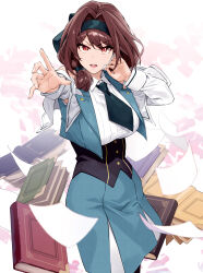 Rule 34 | 1girl, absurdres, anna (s-rank boukensha), bare shoulders, black necktie, blue skirt, blue vest, blurry, blurry foreground, book, breasts, brown eyes, brown hair, collared shirt, commentary, cowboy shot, detached sleeves, hairband, headset, highres, large breasts, long hair, necktie, open mouth, paper, s-rank boukensha de aru ore no musume tachi wa juudo no fathercon deshita, shirt, shunichi, skirt, sleeveless, sleeveless shirt, teeth, upper teeth only, vest, white background, white shirt