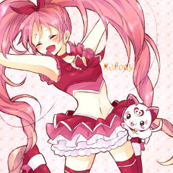 Rule 34 | 10s, 1girl, ^ ^, armpits, arms up, bow, braid, brooch, cat, character name, choker, closed eyes, cure melody, dress, frills, hair ribbon, happy, houjou hibiki, hummy (suite precure), jewelry, jumping, long hair, magical girl, midriff, navel, open mouth, pink bow, pink hair, pink thighhighs, precure, ribbon, riku manoue, shoes, suite precure, thighhighs, twintails, white background