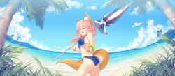 Rule 34 | 10s, 1girl, animal ears, ass, bikini, blue bikini, blush, breasts, closed umbrella, day, closed eyes, fate/extra, fate/grand order, fate (series), fox ears, fox tail, halterneck, highres, large breasts, long hair, looking at viewer, looking back, nature, ocean, open mouth, pink hair, rimuu, side-tie bikini bottom, smile, solo, string bikini, swimsuit, tail, tamamo (fate), tamamo no mae (fate/extra), tamamo no mae (swimsuit lancer) (fate), umbrella, v, yellow eyes