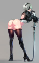 Rule 34 | 1girl, ass, bang (gesture), black footwear, black thighhighs, blindfold, boots, commentary request, feather trim, finger gun, from side, gloves, gradient background, grey background, high heel boots, high heels, highleg, highleg leotard, highres, huge ass, leotard, long sleeves, looking back, mole, mole under mouth, negresco, nier (series), nier:automata, puffy sleeves, short hair, simple background, skindentation, solo, sword, thigh boots, thighhighs, thighs, weapon, white hair, 2b (nier:automata)