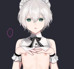 Rule 34 | ..., 1boy, :o, androgynous, bare shoulders, black background, black bow, black bowtie, black ribbon, bow, bowtie, clothes lift, crossdressing, detached collar, frilled bracelet, frills, green eyes, grey hair, hair between eyes, hands on own chest, hands up, heart, heart-shaped pupils, clothes lift, looking at viewer, maid, maid headdress, male focus, neck ribbon, nipples, open mouth, original, parted lips, pink pupils, ribbon, shirt, short hair, simple background, sleeveless, solo, speech bubble, spoken ellipsis, sunaba (nczd5875), symbol-shaped pupils, trap, upper body, white hair, wing collar, wrist cuffs