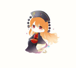 Rule 34 | 1girl, american flag, belt, black dress, black hat, black sleeves, brown belt, chain, chibi, chinese clothes, closed mouth, crescent, dress, eyes visible through hair, gold chain, grey hat, hair between eyes, hat, highres, junko (touhou), long hair, long sleeves, looking to the side, moon, orange hair, pom pom (clothes), red eyes, red vest, simple background, sitting, solo, star (symbol), touhou, umi (nana spring), vest, white background, yellow neckwear