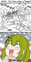 Rule 34 | american flag, ammunition box, blush, comic, commentary, ear protection, english commentary, english text, firing, girls&#039; frontline, green hair, greyscale, guin guin, hair between eyes, hair ornament, hairclip, hand to own mouth, long hair, messy hair, mk48 (girls&#039; frontline), monochrome, outdoors, s.a.t.8 (girls&#039; frontline), sitting, very long hair