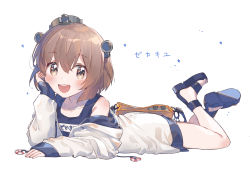 Rule 34 | 1girl, bag, blue one-piece swimsuit, brown eyes, brown hair, collarbone, commentary request, full body, hair between eyes, headgear, highres, jacket, kantai collection, lifebuoy, long sleeves, looking at viewer, lying, name tag, on stomach, one-piece swimsuit, open mouth, sandals, school swimsuit, short hair, simple background, smile, solo, swim ring, swimsuit, swimsuit under clothes, track jacket, white background, white jacket, yukikaze (kancolle), zuho (vega)