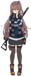 Rule 34 | 1girl, absurdres, artworks/77555659, belt pouch, boots, brown hair, brown thighhighs, casual, commentary, full body, girls&#039; frontline, gun, gun on back, heart, heart-shaped pupils, hiepita97, highres, holding, holding clothes, holding scarf, long hair, looking at viewer, miniskirt, official alternate costume, orange eyes, parted lips, pouch, rifle, scar, scar across eye, scar on face, scarf, side ponytail, simple background, skirt, solo, striped clothes, striped scarf, sweater, symbol-shaped pupils, thigh pouch, thighhighs, ump45 (&quot;just this time.&quot;) (girls&#039; frontline), ump45 (girls&#039; frontline), very long hair, weapon, weapon on back, white background, zettai ryouiki