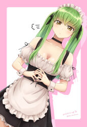 Rule 34 | 1girl, puff of air, alternate costume, black choker, blush, breasts, c.c., choker, cleavage, code geass, collarbone, dated, dress, dutch angle, enmaided, fingernails, frilled dress, frills, green hair, highres, looking at viewer, maid, medium breasts, nail polish, off-shoulder dress, off shoulder, own hands together, setu kurokawa, sidelocks, simple background, solo, twintails, twitter username, wrist cuffs