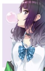 Rule 34 | 1girl, alternate hairstyle, black choker, blue bow, blue bowtie, blush, border, bow, bowtie, breasts, blowing bubbles, chewing gum, choker, commentary, diagonal bangs, earrings, green jacket, highres, idolmaster, idolmaster shiny colors, jacket, jacket partially removed, jewelry, long hair, looking at viewer, medium breasts, mintol (qool+), motion lines, outside border, plaid, plaid bow, plaid bowtie, purple background, purple eyes, purple hair, purple lips, shirt, simple background, solo, tanaka mamimi, upper body, white border, white shirt