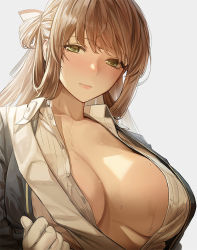 Rule 34 | 1girl, backlighting, blazer, blue jacket, blush, breasts, brown hair, cleavage, collared shirt, girls&#039; frontline, gloves, green eyes, hair between eyes, hair ribbon, hair rings, hyury, jacket, large breasts, long hair, looking at viewer, open clothes, open jacket, open shirt, partially unbuttoned, ribbon, shirt, sidelocks, solo, springfield (girls&#039; frontline), twintails, upper body, wet, white background, white gloves