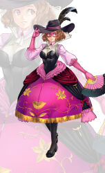 Rule 34 | 1girl, absurdres, adapted costume, ascot, brown eyes, brown hair, domino mask, dress, folding fan, frills, gloves, hand fan, hat, highres, holding, holding fan, looking at viewer, mask, milady (persona), okumura haru, persona, persona 5, puffy sleeves, short hair, smile, solo, you nf