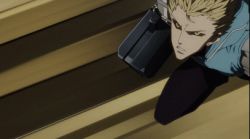 Rule 34 | 1boy, animated, animated gif, armor, black sclera, blonde hair, colored sclera, cyborg, genos, lowres, male focus, mechanical arms, one-punch man, subtitled, suitcase