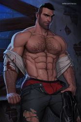 Rule 34 | 1boy, abs, arm hair, bara, black hair, black jacket, black pants, blood, blood on clothes, chest hair, closed mouth, david king (dead by daylight), dead by daylight, eyebrow cut, facial hair, highres, holding, holding clothes, holding jacket, jacket, unworn jacket, large pectorals, male focus, male underwear, male underwear peek, manly, marcus (rnarccus), muscular, muscular male, navel, nipples, open clothes, open pants, open shirt, pants, pectorals, red male underwear, scar, scar on face, scar on nose, shirt, short hair, smile, solo, twitter username, undercut, underwear, white shirt