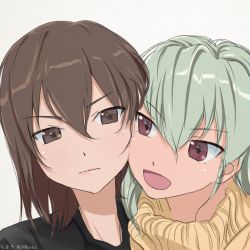 Rule 34 | 10s, 2girls, :d, akagi (fmttps), alternate hairstyle, anchovy (girls und panzer), artist name, black shirt, brown eyes, brown hair, casual, cheek-to-cheek, closed mouth, commentary, frown, girls und panzer, green hair, hair down, half-closed eyes, heads together, lips, long hair, looking at another, multiple girls, nishizumi maho, open mouth, portrait, red eyes, shirt, short hair, smile, sweater, turtleneck, twitter username, v-shaped eyebrows, v-shaped eyes, white background, yellow sweater, yuri