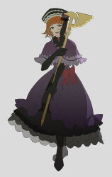 Rule 34 | 1girl, absurdres, black footwear, black hat, blue eyes, boots, bow, capelet, dress, eva beatrice, frilled capelet, frilled dress, frills, full body, hat, highres, holding, holding staff, open mouth, orange hair, purple capelet, purple dress, red bow, short hair, simple background, sio2 (whynotkarma), smile, solo, staff, umineko no naku koro ni, waist bow, white background