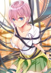 Rule 34 | 1girl, absurdres, arms behind back, bare shoulders, barefoot, blue eyes, blush, breasts, cleavage, closed mouth, collarbone, commentary request, go-toubun no hanayome, green skirt, gu li, hair between eyes, highres, large breasts, looking at viewer, nakano ichika, pink hair, restrained, shirt, short hair, skirt, smile, solo, white shirt