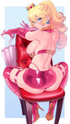 Rule 34 | 1girl, absurdres, ass, bare shoulders, blonde hair, blue eyes, blush, boots, bra, breasts, chair, crown, detached collar, earrings, elbow gloves, fellatio gesture, gloves, high heel boots, high heels, highres, jewelry, large breasts, long hair, looking at viewer, looking back, mario (series), miniskirt, nintendo, o-ring, o-ring thigh strap, open mouth, pink bra, pink footwear, pink gloves, pink skirt, ponytail, princess peach, race queen, santa (sunflower), shoulder blades, sideboob, sitting, skirt, solo, sphere earrings, super mario bros. 1, thigh boots, thigh strap, thong, tongue, tongue out, umbrella, underwear
