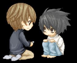 Rule 34 | 00s, 2boys, animated, animated gif, artist request, bags under eyes, black hair, blinking, brown hair, chibi, death note, eating, eye contact, feeding, full body, happy, l (death note), looking at another, lowres, male focus, multiple boys, pants, pixel art, seiza, shirt, short hair, simple background, sitting, smile, squatting, transparent background, white shirt, yagami light