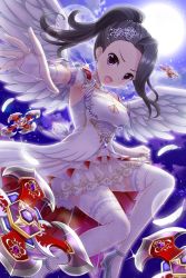 Rule 34 | 1girl, absurdres, alternative girls, angel wings, armlet, black hair, breasts, cleavage, dress, full moon, hair ornament, highres, jewelry, looking at viewer, moon, night, night sky, official art, open mouth, ponytail, purple eyes, saionji rei, shuriken, sky, solo, weapon, white dress, white footwear, white legwear, wings