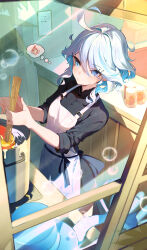 Rule 34 | 1girl, absurdres, ahoge, alternate costume, apron, black shirt, blue eyes, blue hair, bubble, commentary request, cooking, cooking pot, cowlick, food, from above, furina (genshin impact), genshin impact, highres, holding, holding food, indoors, lumo 1121, multicolored hair, pasta, pyro symbol (genshin impact), revision, shirt, sleeves rolled up, slime (genshin impact), solo, spaghetti, thought bubble, two-tone hair, white apron, white hair, window