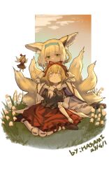 Rule 34 | 3girls, absurdres, animal ears, arknights, black shirt, blonde hair, blue eyes, blush, closed mouth, collared shirt, crossover, dated, doll joints, fake animal ears, flower, fox ears, fox tail, green eyes, hair ribbon, highres, hua ha jiazi, joints, lily of the valley, medicine melancholy, multiple girls, multiple tails, red ribbon, red skirt, ribbon, shirt, short hair, short sleeves, signature, skirt, su-san, suzuran (arknights), tail, touhou, white flower