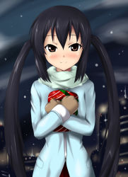 Rule 34 | 00s, 1girl, black hair, brown eyes, gift, holding, holding gift, k-on!, long hair, nakano azusa, night, nishiumi yuuta, snow, solo, twintails, winter clothes