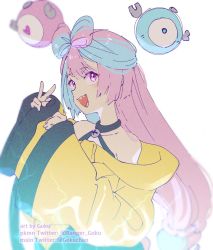 Rule 34 | 1girl, aqua hair, character hair ornament, collarbone, creatures (company), game freak, goku-chan, hair ornament, iono (pokemon), jacket, long hair, long sleeves, multicolored hair, nintendo, open mouth, oversized clothes, pink eyes, pink hair, pokemon, pokemon sv, sharp teeth, smile, solo, teeth, twitter username, two-tone hair, v, white background