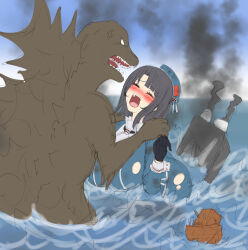 Rule 34 | 1boy, 1girl, anger vein, angry, ascot, ass, beret, black gloves, black hair, black scales, blush, breasts, chibi, crossover, embarrassed, face-to-face, fighting, giant, giant monster, giantess, giruba, gloves, godzilla, godzilla (series), godzilla minus one, hat, kaijuu, kantai collection, large breasts, looking at another, military uniform, moaning, motion lines, open mouth, red eyes, restrained, sexually suggestive, sharp teeth, short hair, skirt, spines, sweat, takao (kancolle), teeth, toho, twitter username, uniform