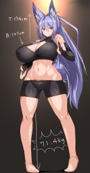 Rule 34 | 1girl, absurdres, animal ear fluff, animal ears, black shirt, black shorts, blouse, blue eyes, breasts, cleavage, fox ears, fox girl, fox tail, height, highres, huge breasts, indigo (tylwing), measurements, original, purple hair, shirt, short shorts, shorts, sleeveless, sleeveless shirt, smile, solo, tail, thighs, tylwing, wide hips