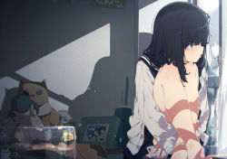 Rule 34 | 1girl, black hair, cellphone, frown, indoors, knees to chest, hugging own legs, lens flare, long hair, looking outside, looking to the side, ogipote, original, phone, photo (object), reflection, school uniform, serafuku, shadow, sitting, smartphone, solo, stuffed animal, stuffed toy, window