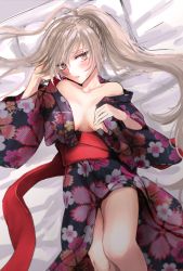 Rule 34 | 1girl, bad id, bad twitter id, bed sheet, blonde hair, breasts, fate/apocrypha, fate/grand order, fate (series), japanese clothes, jeanne d&#039;arc (fate), jeanne d&#039;arc alter (avenger) (fate), jeanne d&#039;arc alter (fate), kimono, large breasts, long hair, looking at viewer, lying, omizu (omz), solo, twitter username, yellow eyes