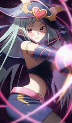 Rule 34 | 1girl, aqua hair, armlet, bare shoulders, breasts, chocolate magician girl, duel monster, fagi (kakikaki), gloves, hand up, hat, highres, holding, holding wand, long hair, medium breasts, midriff, navel, pantyhose, pointy ears, red eyes, skirt, solo, wand, wings, wizard hat, yu-gi-oh!