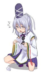 Rule 34 | 1girl, blue skirt, blush, commentary, full body, grey eyes, grey hair, hat, highres, japanese clothes, kakone, kariginu, long hair, looking at viewer, matches, mononobe no futo, one-hour drawing challenge, open mouth, pom pom (clothes), ponytail, simple background, skirt, solo, sweat, tate eboshi, touhou