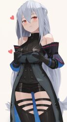 Rule 34 | 1girl, absurdres, arknights, bare shoulders, black dress, black gloves, black shorts, blush, breast hold, breasts, closed mouth, commentary request, cowboy shot, detached sleeves, dolri, dress, eyebrows hidden by hair, fang, gloves, grey hair, hair between eyes, heart, highres, long hair, looking to the side, medium breasts, red eyes, shorts, simple background, skadi (arknights), skadi (elite ii) (arknights), skin fang, solo, standing, very long hair, white background