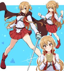 Rule 34 | 1girl, anklet, asuna (sao), belt, blonde hair, blue background, blush, boots, breasts, brown belt, brown cape, butter, cape, closed mouth, collarbone, commentary request, eating, food, food on face, hair between eyes, hands up, heart, highres, holiday (pangjelly), hood, hood down, hooded cape, jewelry, letterboxed, long hair, long sleeves, looking at viewer, medium breasts, multiple views, pleated skirt, red footwear, red skirt, skirt, smile, standing, sword, sword art online, sword art online progressive, thighs, weapon