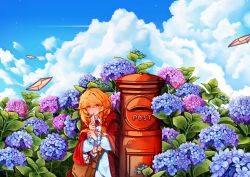 Rule 34 | 1girl, absurdres, bag, blue flower, blue sky, brown bag, cape, cloud, cloudy sky, collared shirt, commentary, day, english commentary, envelope, flower, highres, holding, hood, hooded cape, hydrangea, long sleeves, neck ribbon, orange eyes, original, outdoors, pink flower, postbox (outgoing mail), red cape, red ribbon, ribbon, shirt, shoulder bag, sky, smile, touya (touyachann)