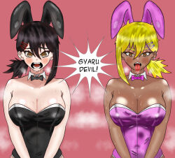 Rule 34 | 2girls, alternate breast size, alternate color, alternate costume, alternate hair color, alternate skin color, animal ears, asymmetrical hair, bare arms, bare shoulders, black hair, black leotard, blonde hair, bow, bowtie, breasts, brown eyes, chainsaw man, collarbone, commentary, crying, crying with eyes open, dark-skinned female, dark skin, drooling, ear piercing, earrings, eddarxart, english commentary, english text, gyaru, hair ornament, hairclip, hairpin, higashiyama kobeni, highleg, highleg leotard, jewelry, kogal, leotard, looking at viewer, medium breasts, meme, mind control, mole, mole under eye, mole under mouth, moral degeneration, multiple girls, nervous, nervous sweating, open mouth, panicking, piercing, pink bunny ears, pink bunny suit, pink leotard, playboy bunny, ponytail, rabbit ears, sexual objectification, sexually suggestive, short hair, sloppy blowjob devil (meme), solo, speech bubble, steam, steaming body, strapless, strapless leotard, suggestive look, sweat, sweatdrop, nervous sweating, tears, teeth, text focus, tongue, tongue out, tongue piercing, transformation, upper teeth only