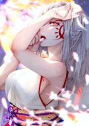 Rule 34 | 1girl, animal ear fluff, animal ears, arm up, bare arms, bare shoulders, blurry, blurry background, blurry foreground, breasts, chita (ketchup), commentary request, depth of field, facial mark, fox ears, fox girl, fox tail, full moon, grey hair, highres, japanese clothes, kimono, large breasts, long hair, looking at viewer, mole, mole on breast, moon, obi, one eye covered, original, red eyes, sash, sideboob, signature, sleeveless, sleeveless kimono, solo, tail, tail raised, branch, white kimono