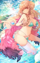 Rule 34 | 1girl, alternate costume, alternate hair color, ass, azur lane, bikini, bird, blue bikini, braid, breasts, cloud, cloudy sky, commentary request, double bun, feather boa, formidable (azur lane), formidable (the lady of the beach) (azur lane), highres, large breasts, long hair, looking at viewer, navel, ocean, petals, pink ribbon, red eyes, ribbon, seagull, signature, sky, smile, solo, swimsuit, thighhighs, thighs, tomochi (tmc tmc8), twin braids