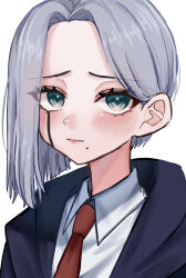 Rule 34 | 1girl, blush, cha ga ma, collared shirt, grey eyes, grey hair, grey shirt, highres, lauren cabasse, looking at viewer, mashle, mole, mole under mouth, necktie, parted bangs, red necktie, shirt, short hair, simple background, solo, white background