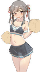 Rule 34 | 1girl, alternate costume, alternate hairstyle, blush, breasts, cheerleader, crop top, grey hair, hair ribbon, kantai collection, long hair, looking at viewer, midriff, miniskirt, open mouth, pleated skirt, pom pom (cheerleading), red ribbon, ribbon, sakieko, sidelocks, simple background, skirt, small breasts, solo, twintails, usugumo (kancolle), white background