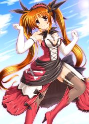 Rule 34 | 1girl, black ribbon, black thighhighs, blue eyes, blush, breasts, brown hair, cleavage, cosplay, diesel-turbo, dress, earrings, elbow gloves, gloves, jewelry, knife, long hair, looking at viewer, lyrical nanoha, mahou shoujo lyrical nanoha, mahou shoujo lyrical nanoha strikers, medium breasts, mistral nereis, orange hair, ribbon, sega, shining (series), shining hearts, smile, solo, takamachi nanoha, tamura yukari, thighhighs, twintails, very long hair, voice actor connection, weapon, white gloves