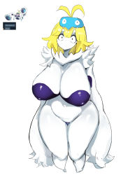 Rule 34 | 1girl, absurdres, antenna hair, arms at sides, black eyes, blonde hair, blunt bangs, body fur, bottomless, bra, breasts, closed mouth, commission, constricted pupils, covered erect nipples, crabominable, creatures (company), english text, eye mask, female focus, full body, game freak, gen 7 pokemon, groin, highres, huge breasts, long arms, looking at viewer, maebari, mask, mask on head, my700, navel, nintendo, official art inset, personification, pokemon, pokemon (creature), purple bra, reference inset, shiny clothes, shiny skin, sidelocks, simple background, sketch, solo, standing, stomach, strapless, strapless bra, thick thighs, thighs, underwear, white background, white fur, wide hips