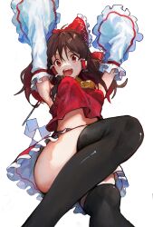 Rule 34 | 1girl, absurdres, armpits, arms up, black thighhighs, blush, breasts, brown hair, detached sleeves, feet out of frame, hakurei reimu, highres, kaze 22, looking at viewer, medium breasts, midriff, red eyes, red shirt, red skirt, shirt, simple background, skirt, smile, solo, thighhighs, touhou, white background