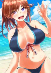 Rule 34 | 1girl, :d, beach, bikini, blue bikini, blue sky, breasts, brown hair, cleavage, cloud, day, hiroshima (oshiro project), large breasts, long hair, looking at viewer, navel, ocean, open mouth, oshiro project:re, outdoors, ponytail, purple eyes, ricochet-gou, shiny skin, sky, smile, solo, swimsuit, teeth