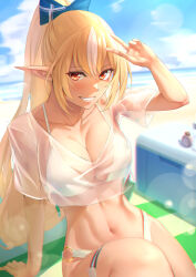 Rule 34 | 1girl, absurdres, arm support, beach, bikini, bikini under clothes, blonde hair, blue bow, blue sky, bow, breasts, cleavage, collarbone, commentary, cropped shirt, dark-skinned female, dark skin, day, elf, hair bow, high ponytail, highres, hololive, large breasts, lens flare, long hair, looking at viewer, multicolored hair, navel, o-ring, o-ring bottom, outdoors, pointy ears, red eyes, see-through, see-through shirt, shiranui flare, sitting, sky, smile, solo, streaked hair, swimsuit, takumi nosiro, v over head, virtual youtuber, white bikini, white hair
