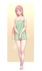 Rule 34 | 1girl, akashi (kancolle), barefoot, blush, breasts, cleavage, collarbone, full body, gradient background, green eyes, hair between eyes, hair down, highres, kantai collection, large breasts, long hair, naked towel, open mouth, pink hair, solo, standing, towel, two-tone background, white background, yuuji (and)