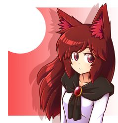 Rule 34 | 1girl, animal ears, blush, brooch, brown hair, closed mouth, full moon, imaizumi kagerou, jewelry, long sleeves, looking at viewer, moon, red eyes, red hair, red moon, solo, touhou, upper body, wolf ears, wool (miwol)