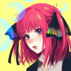Rule 34 | 1girl, black cardigan, black ribbon, blue eyes, blunt bangs, blush, butterfly hair ornament, cardigan, from side, go-toubun no hanayome, hair ornament, highres, looking at viewer, nakano nino, noriuma, parted lips, pink hair, raised eyebrows, ribbon, school uniform, shirt, sidelocks, simple background, twintails, white shirt, yellow background