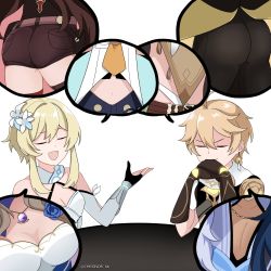 Rule 34 | 4boys, 4girls, aether (genshin impact), amber (genshin impact), ass, ass focus, bare shoulders, blonde hair, blue hair, breasts, brother and sister, chronor, closed eyes, diona (genshin impact), genshin impact, gloves, highres, kaeya (genshin impact), large breasts, lisa (genshin impact), long hair, lumine (genshin impact), midriff, multiple boys, multiple girls, open mouth, pants, pectoral cleavage, pectorals, razor (genshin impact), short hair with long locks, short shorts, shorts, siblings, smile, speech bubble, table, thighhighs, tight clothes, tight pants, very long hair, zhongli (genshin impact)