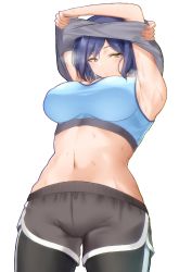 Rule 34 | 1girl, armpits, blue bra, blue hair, blush, bra, breasts, clothes lift, fingernails, highres, large breasts, looking at viewer, midriff, mole, mole under eye, navel, nijisanji, pants, parted lips, shirt lift, shizuka rin, short hair, skysign ft, solo, sports bra, steaming body, sweat, sweatpants, underwear, undressing, virtual youtuber, white background